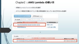 Chapter2 ：AWS Lambda の使い方
- 対象のLambda functionのセルを選択
- イベント時刻が対象のイベント発火時刻直前になっているログのセルを選択
↓
 