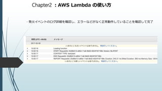 Chapter2 ：AWS Lambda の使い方
- 発火イベントのログ詳細を確認し、エラーなどがなく正常動作していることを確認して完了
 