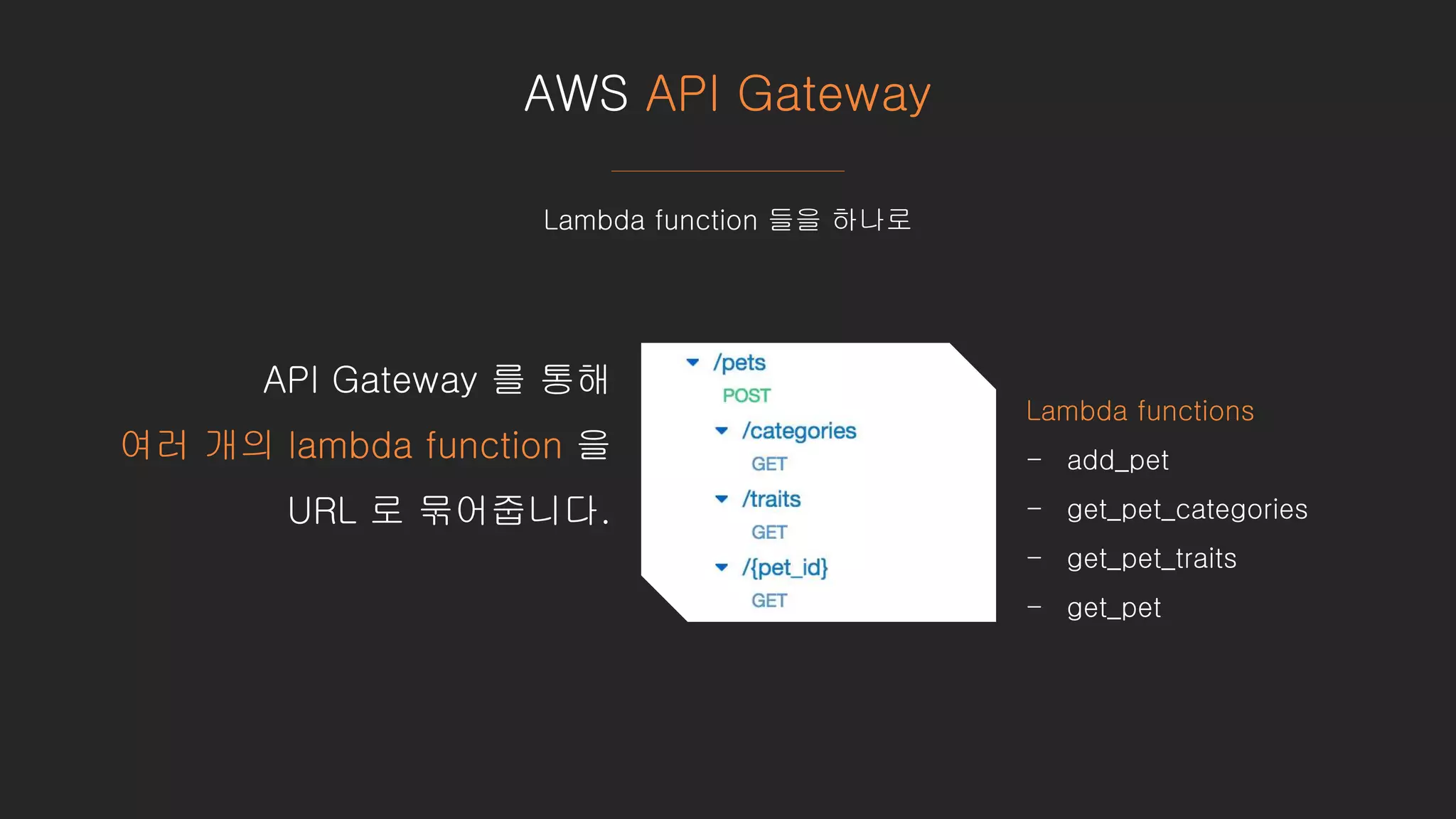 AWS API Gateway
Lambda function 들을 하나로
API Gateway 를 통해
여러 개의 lambda function 을
URL 로 묶어줍니다.
Lambda functions
- add_pet
- get_pet_categories
- get_pet_traits
- get_pet
 