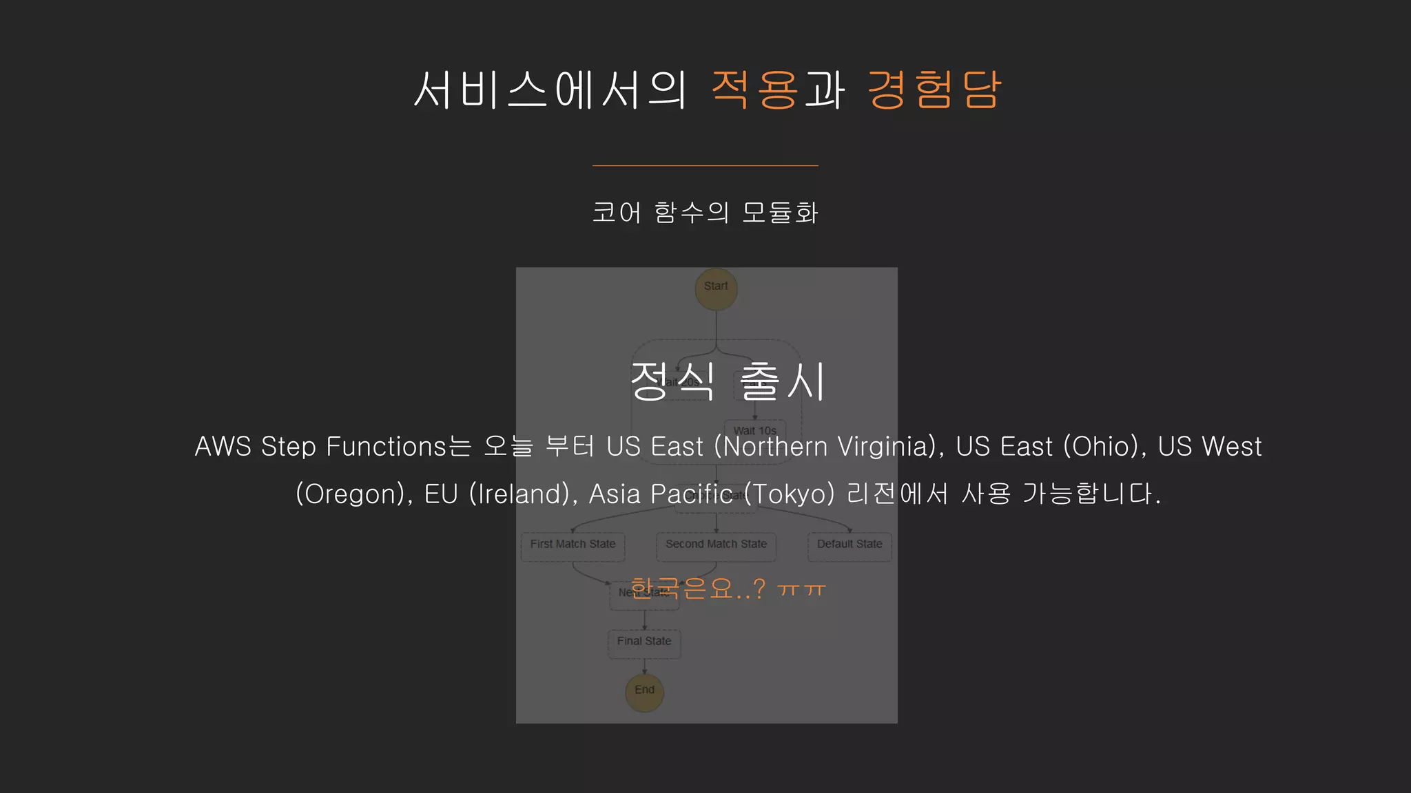 서비스에서의 적용과 경험담
코어 함수의 모듈화
정식 출시
AWS Step Functions는 오늘 부터 US East (Northern Virginia), US East (Ohio), US West
(Oregon), EU (Ireland), Asia Pacific (Tokyo) 리전에서 사용 가능합니다.
한국은요..? ㅠㅠ
 