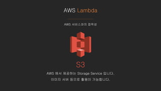 AWS Lambda
AWS 서비스와의 접착성
S3
AWS 에서 제공하는 Storage Service 입니다.
이미지 서버 등으로 활용이 가능합니다.
 