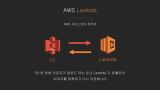 AWS Lambda
AWS 서비스와의 접착성
S3 에 원본 이미지가 업로드 되는 순간 Lambda 가 호출되어
이미지를 압축하고 다시 저장합니다.
S3 Lambda
 