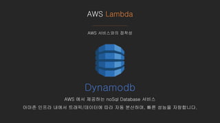 AWS Lambda
AWS 서비스와의 접착성
Dynamodb
AWS 에서 제공하는 noSql Database 서비스
아마존 인프라 내에서 트래픽/데이터에 따라 자동 분산하며, 빠른 성능을 자랑합니다.
 