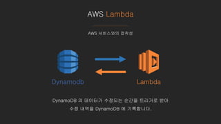 AWS Lambda
AWS 서비스와의 접착성
DynamoDB 의 데이터가 수정되는 순간을 트리거로 받아
수정 내역을 DynamoDB 에 기록합니다.
LambdaDynamodb
 