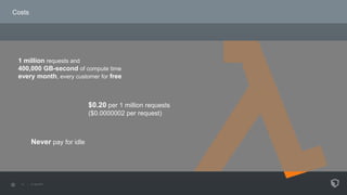 Costs
1 million requests and
400,000 GB-second of compute time
every month, every customer for free
$0.20 per 1 million requests
($0.0000002 per request)
Never pay for idle
 