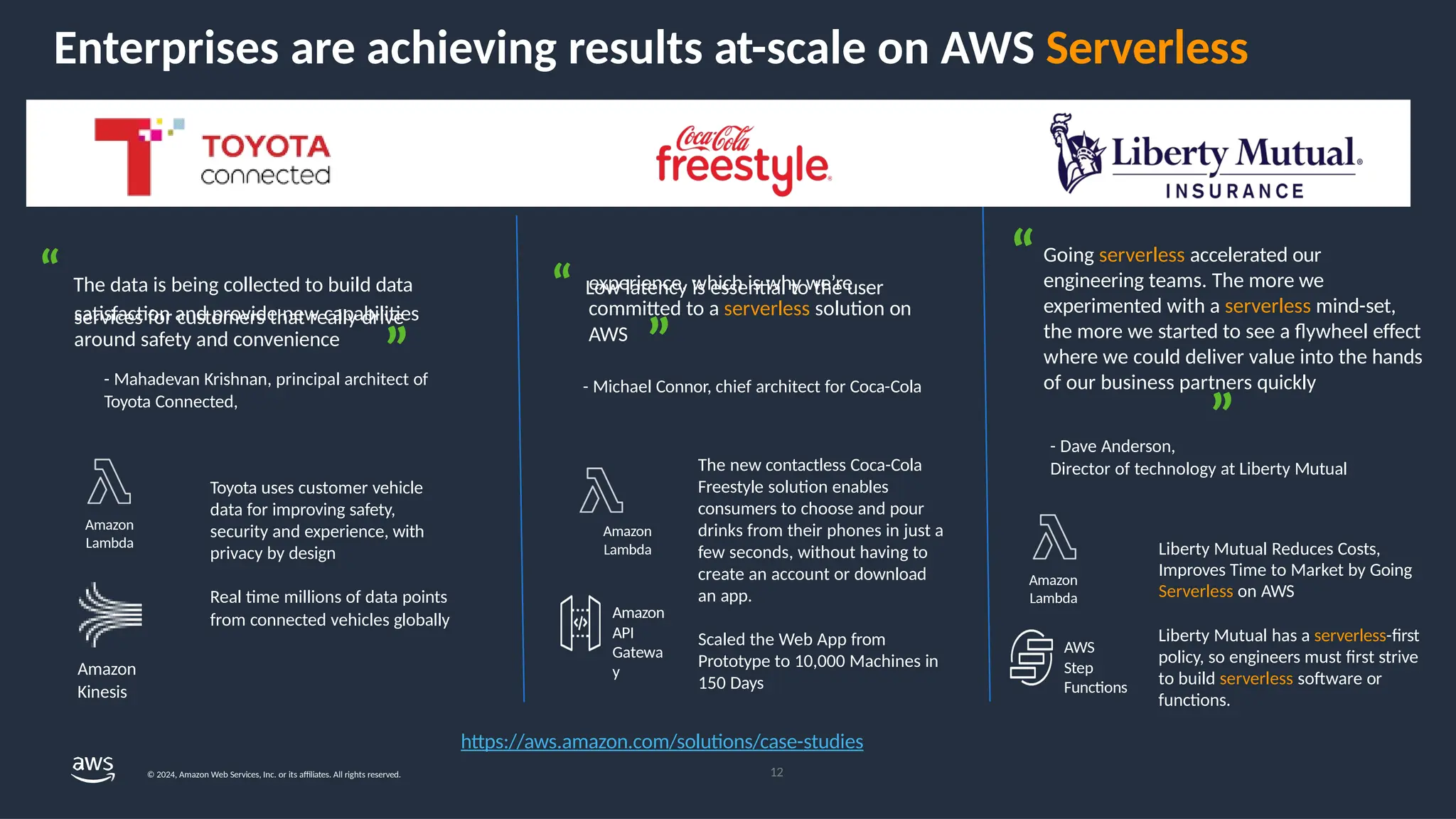 Enterprises are achieving results at-scale on AWS Serverless
”
experience, which is why we’re
committed to a serverless solution on
AWS
- Michael Connor, chief architect for Coca-Cola
The new contactless Coca-Cola
Freestyle solution enables
consumers to choose and pour
drinks from their phones in just a
few seconds, without having to
create an account or download
an app.
Scaled the Web App from
Prototype to 10,000 Machines in
150 Days
Amazon
Lambda
Amazon
API
Gatewa
y
Going serverless accelerated our
engineering teams. The more we
experimented with a serverless mind-set,
the more we started to see a flywheel effect
where we could deliver value into the hands
of our business partners quickly
- Dave Anderson,
Director of technology at Liberty Mutual
Liberty Mutual Reduces Costs,
Improves Time to Market by Going
Serverless on AWS
Liberty Mutual has a serverless-first
policy, so engineers must first strive
to build serverless software or
functions.
Amazon
Lambda
AWS
Step
Functions
“
“ Low latency is essential to the user
”
”
https://aws.amazon.com/solutions/case-studies
“ The data is being collected to build data
services for customers that really drive
12
© 2024, Amazon Web Services, Inc. or its affiliates. All rights reserved.
satisfaction and provide new capabilities
around safety and convenience
- Mahadevan Krishnan, principal architect of
Toyota Connected,
Amazon
Lambda
Amazon
Kinesis
Toyota uses customer vehicle
data for improving safety,
security and experience, with
privacy by design
Real time millions of data points
from connected vehicles globally
 