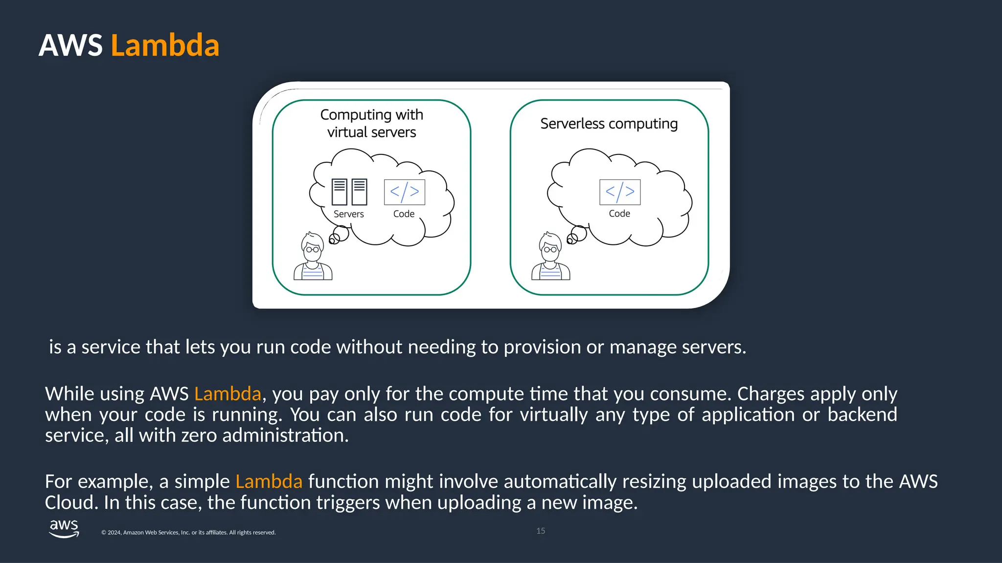 AWS Lambda
is a service that lets you run code without needing to provision or manage servers.
While using AWS Lambda, you pay only for the compute time that you consume. Charges apply only
when your code is running. You can also run code for virtually any type of application or backend
service, all with zero administration.
For example, a simple Lambda function might involve automatically resizing uploaded images to the AWS
Cloud. In this case, the function triggers when uploading a new image.
15
© 2024, Amazon Web Services, Inc. or its affiliates. All rights reserved.
 