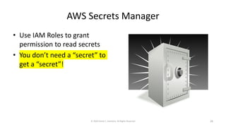 AWS Secrets Manager
• Use IAM Roles to grant
permission to read secrets
• You don’t need a “secret” to
get a “secret”!
© 2020 Derek C. Ashmore, All Rights Reserved 28
 