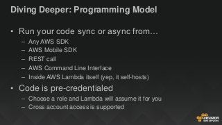 Diving Deeper: Programming Model
• Run your code sync or async from…
– Any AWS SDK
– AWS Mobile SDK
– REST call
– AWS Comm...