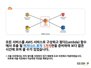 Amazon API
Gateway
Amazon 
SQS
AWS cloud
AWS
Lambda
Amazon 
DynamoDB
Amazon S3  
bucket
모든 서비스를 AWS 서비스로 구성하고 람다(Lambda) 함수
에서 호출 될 비지니스 로직 1가지만을 준비하여 보다 짧은
시간에 보여 줄 수가 있었습니다.
* 서울 리전에서는 아직 람다를 지원하지 않기 때문에 도쿄 리전에서 적용하였습니다.
차후에 서울 리전에서 가능하면 이전할 계획입니다.
서버
네트워크
방화벽
애플리케이션 플랫폼
비지니스 로직
 