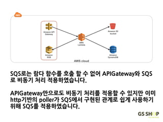 Amazon API
Gateway
Amazon 
SQS
AWS cloud
AWS
Lambda
Amazon 
DynamoDB
Amazon S3  
bucket
SQS로는 람다 함수를 호출 할 수 없어 APIGateway와 SQS
로 비동기 처리 적용하였습니다.
APIGateway만으로도 비동기 처리를 적용할 수 있지만 이미
http기반의 poller가 SQS에서 구현된 관계로 쉽게 사용하기
위해 SQS를 적용하였습니다.
서버
네트워크
방화벽
애플리케이션 플랫폼
비지니스 로직
 