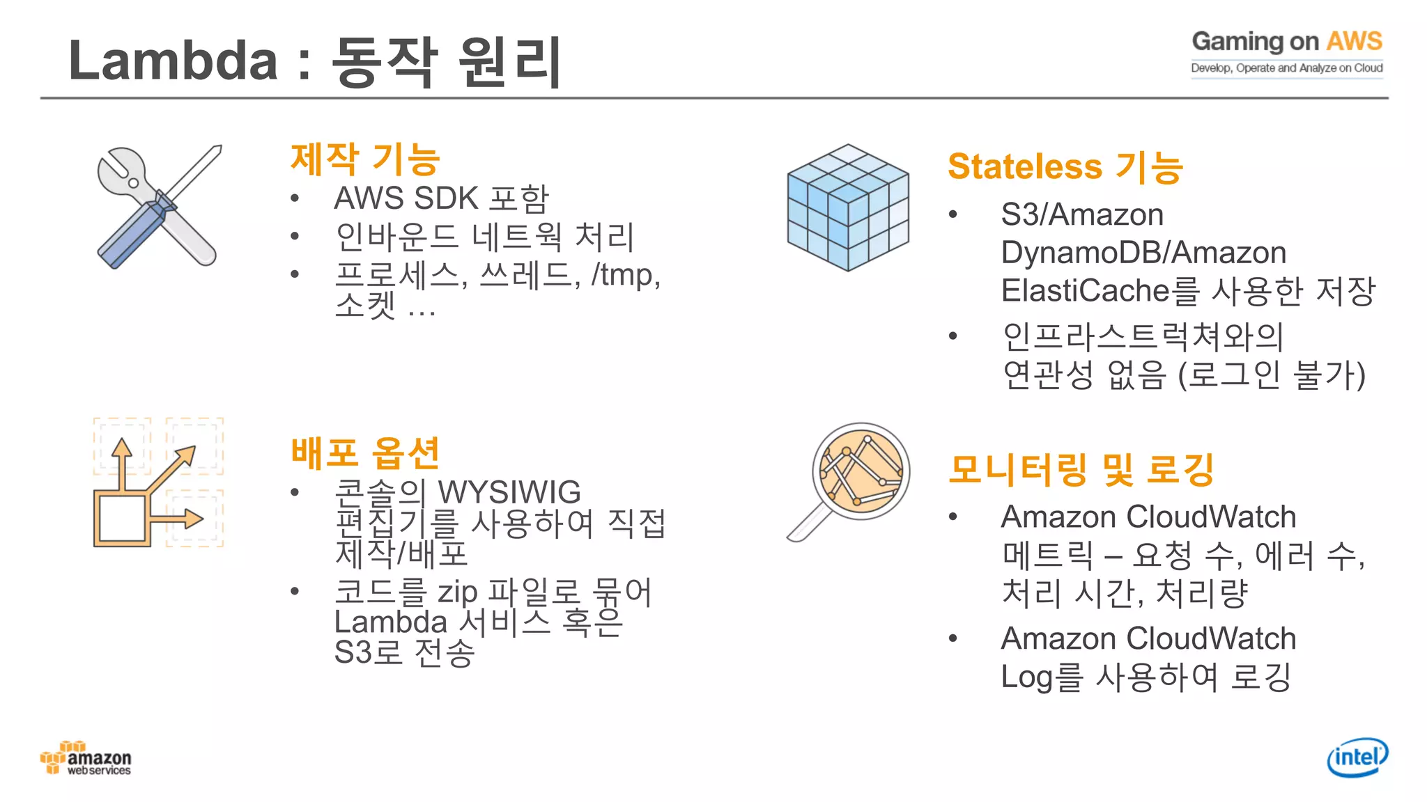 Lambda : 동작 원리
제작 기능
• AWS SDK 포함
• 인바운드 네트웍 처리
• 프로세스, 쓰레드, /tmp,
소켓 …
배포 옵션
• 콘솔의 WYSIWIG
편집기를 사용하여 직접
제작/배포
• 코드를 zip 파일로 묶어
Lambda 서비스 혹은
S3로 전송
Stateless 기능
• S3/Amazon
DynamoDB/Amazon
ElastiCache를 사용한 저장
• 인프라스트럭쳐와의
연관성 없음 (로그인 불가)
모니터링 및 로깅
• Amazon CloudWatch
메트릭 – 요청 수, 에러 수,
처리 시간, 처리량
• Amazon CloudWatch
Log를 사용하여 로깅
 