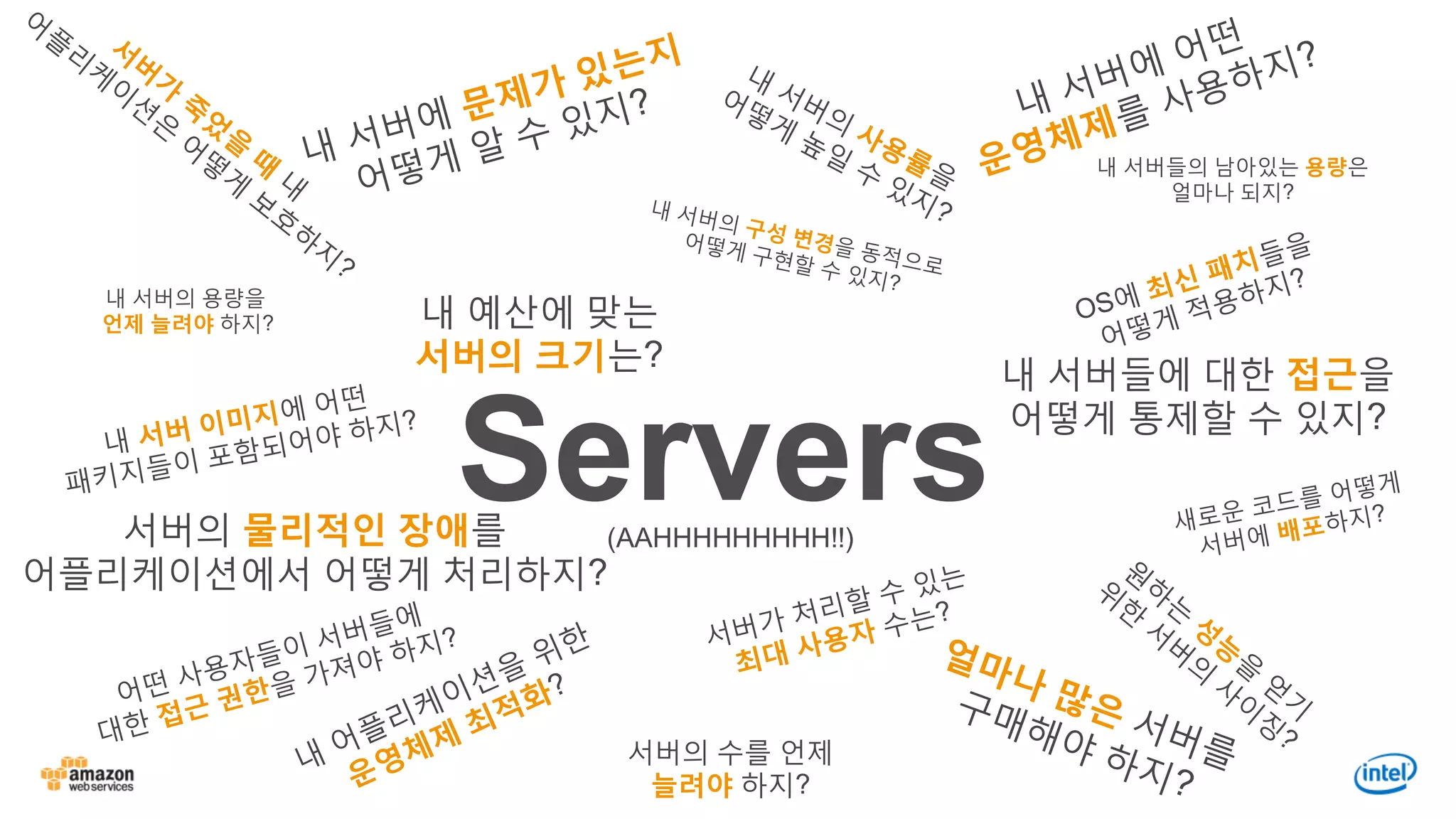 Servers서버의 물리적인 장애를
어플리케이션에서 어떻게 처리하지?
내 서버들에 대한 접근을
어떻게 통제할 수 있지?
서버의 수를 언제
늘려야 하지?
내 서버의 용량을
언제 늘려야 하지? 내 예산에 맞는
서버의 크기는?
내 서버들의 남아있는 용량은
얼마나 되지?
(AAHHHHHHHHH!!)
 