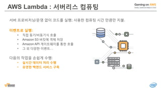 AWS Lambda : 서버리스 컴퓨팅
서버 프로비저닝/운영 없이 코드를 실행; 사용한 컴퓨팅 시간 만큼만 지불.
이벤트로 실행:
• 직접 동기/비동기식 호출
• Amazon S3 버킷에 객체 저장
• Amazon API 게이트웨이를 통한 호출
• 그 외 다양한 이벤트…
다음의 작업을 손쉽게 수행:
• 실시간 데이터 처리 수행
• 유연한 백엔드 서비스 구축
 