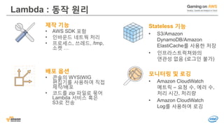 Lambda : 동작 원리
제작 기능
• AWS SDK 포함
• 인바운드 네트웍 처리
• 프로세스, 쓰레드, /tmp,
소켓 …
배포 옵션
• 콘솔의 WYSIWIG
편집기를 사용하여 직접
제작/배포
• 코드를 zip 파일로 묶어
Lambda 서비스 혹은
S3로 전송
Stateless 기능
• S3/Amazon
DynamoDB/Amazon
ElastiCache를 사용한 저장
• 인프라스트럭쳐와의
연관성 없음 (로그인 불가)
모니터링 및 로깅
• Amazon CloudWatch
메트릭 – 요청 수, 에러 수,
처리 시간, 처리량
• Amazon CloudWatch
Log를 사용하여 로깅
 