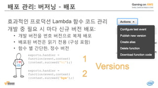 배포 관리: 버저닝 - 배포
효과적인 프로덕션 Lambda 함수 코드 관리
개발 중 필요 시 마다 신규 버전 배포:
• 개발 버전을 번호 버전으로 복제 배포
• 배포된 버전은 읽기 전용 (구성 포함)
• 함수 별 간단한, 정수 버전
exports.handler =
function(event,context)
{context.succeed(“bye”);}
exports.handler =
function(event,context)
{context.succeed(“hi”);}
1
2
Versions
 