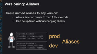Versioning: Aliases
Create named aliases to any version:
• Allows function owner to map ARNs to code
• Can be updated without changing clients
exports.handler =
function(event,context)
{context.succeed(“bye”);}
exports.handler =
function(event,context)
{context.succeed(“hi”);} prod
dev
Aliases
 
