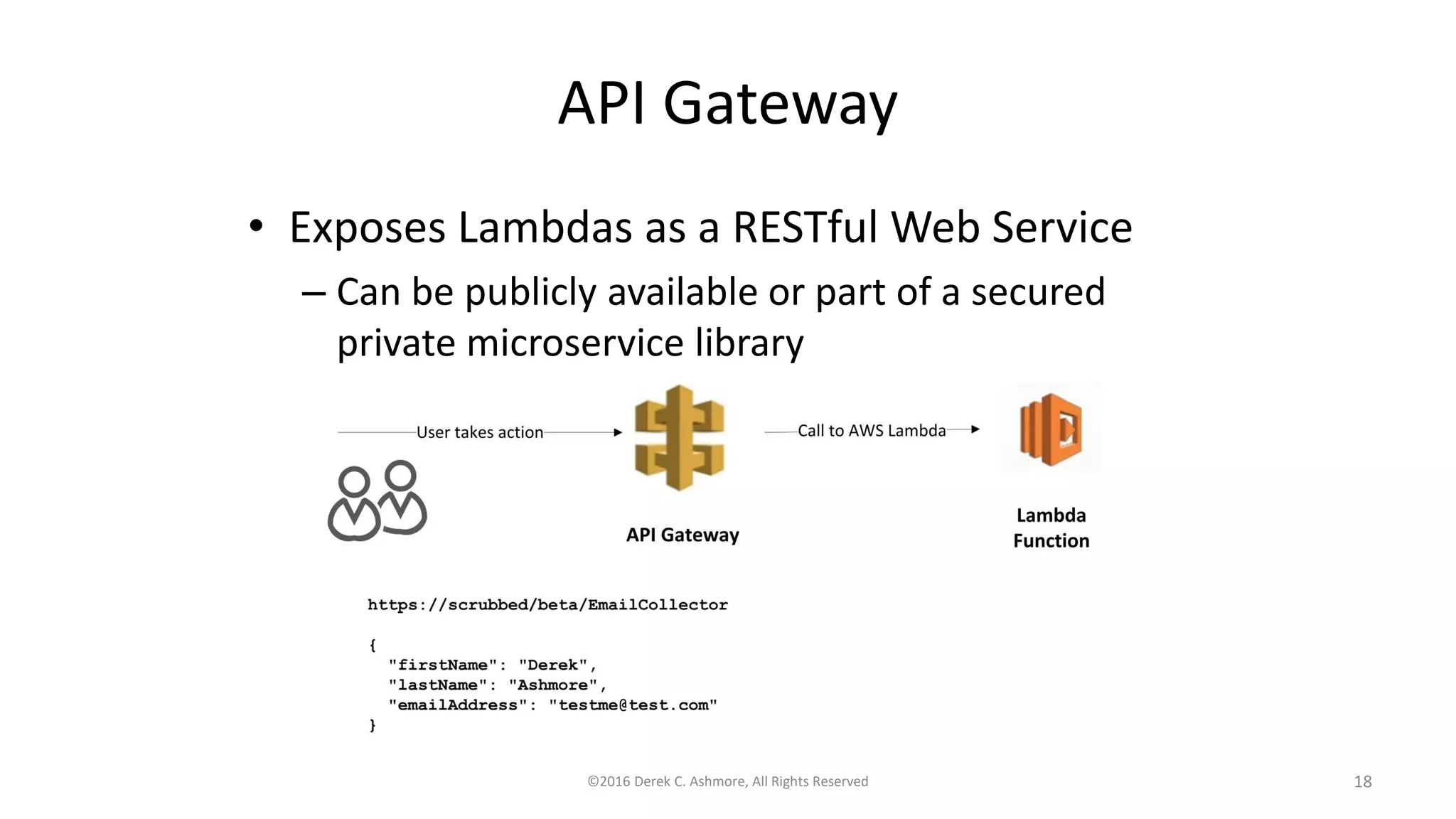 API Gateway
• Exposes Lambdas as a RESTful Web Service
– Can be publicly available or part of a secured
private microservice library
©2016 Derek C. Ashmore, All Rights Reserved 18
 
