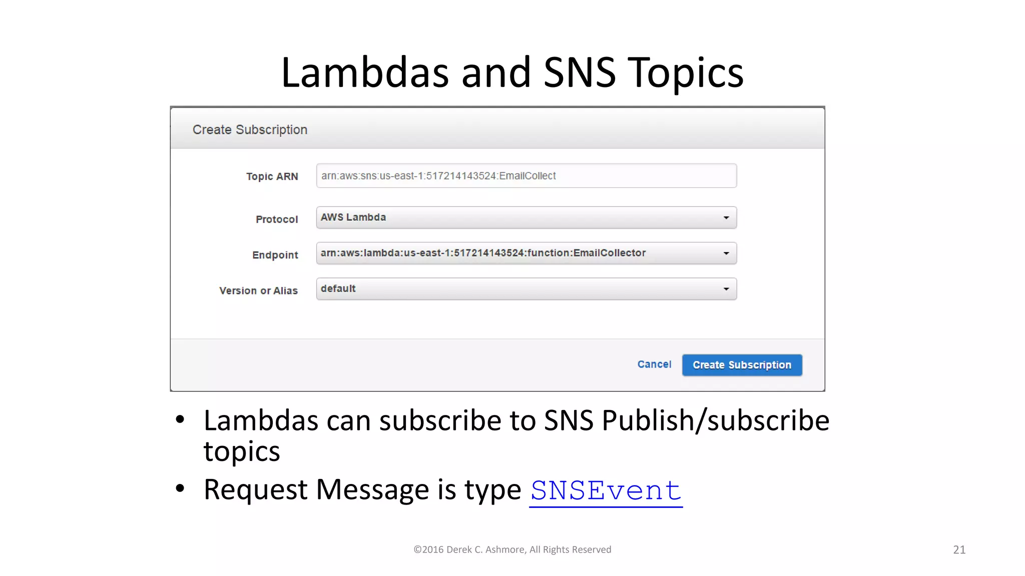 Lambdas and SNS Topics
• Lambdas can subscribe to SNS Publish/subscribe
topics
• Request Message is type SNSEvent
©2016 Derek C. Ashmore, All Rights Reserved 21
 
