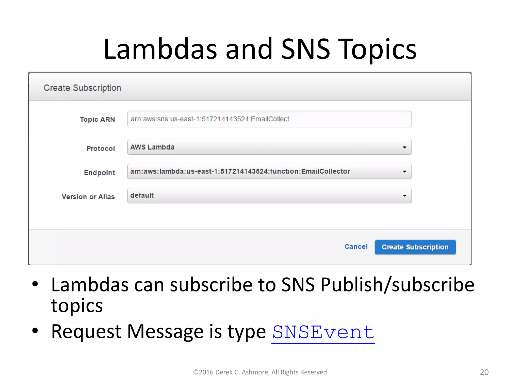 Lambdas and SNS Topics • Lambdas can subscribe to SNS Publish/subscribe topics • Request Message is type SNSEvent ©2016 Derek C. Ashmore, All Rights Reserved 20 