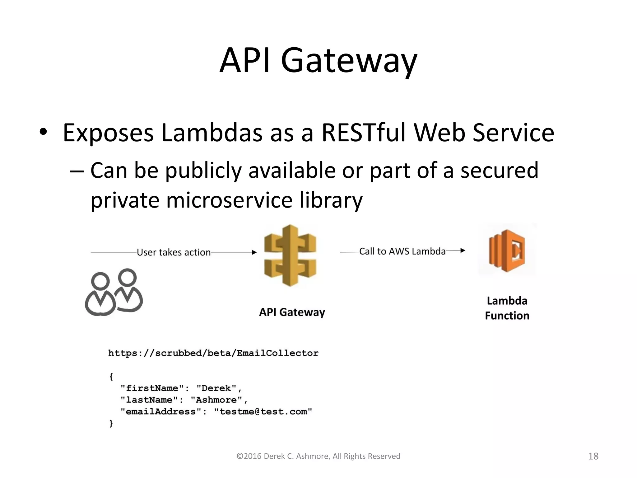 API Gateway
• Exposes Lambdas as a RESTful Web Service
– Can be publicly available or part of a secured
private microservice library
©2016 Derek C. Ashmore, All Rights Reserved 18
 