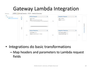 Gateway Lambda Integration
©2016 Derek C. Ashmore, All Rights Reserved 19
• Integrations do basic transformations
– Map headers and parameters to Lambda request
fields
 