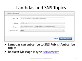 Lambdas and SNS Topics
• Lambdas can subscribe to SNS Publish/subscribe
topics
• Request Message is type SNSEvent
©2016 Derek C. Ashmore, All Rights Reserved 23
 