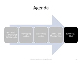 Agenda
The “What”
and “Why” of
AWS Lambda
Developing
Lambda
Supporting
Lambda
Lambda and
Microservices
Summary /
Q&A
©2016 Derek C. Ashmore, All Rights Reserved 40
 