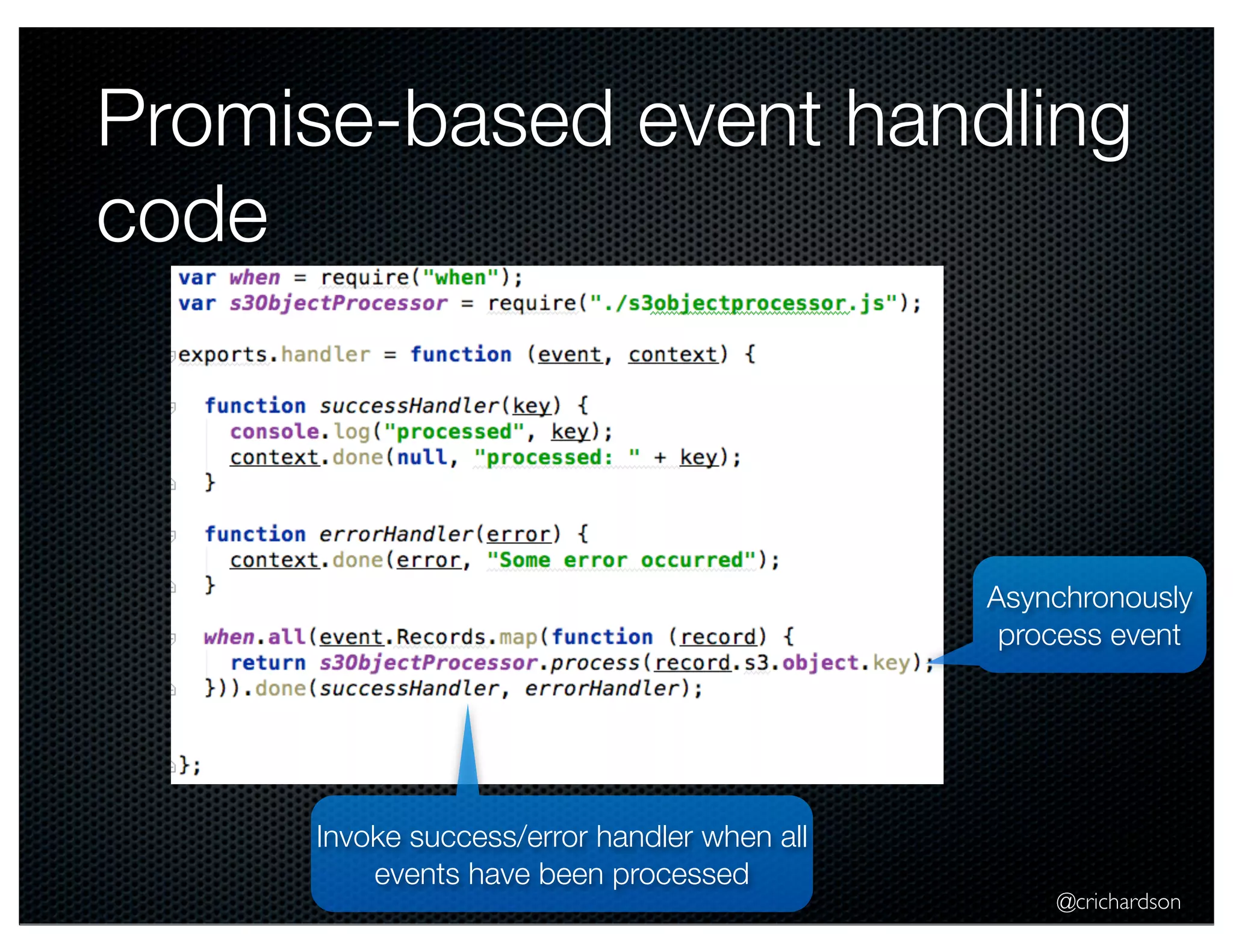 Promise-based event handling 
code 
Asynchronously 
process event 
@crichardson 
Invoke success/error handler when all 
events have been processed 
 