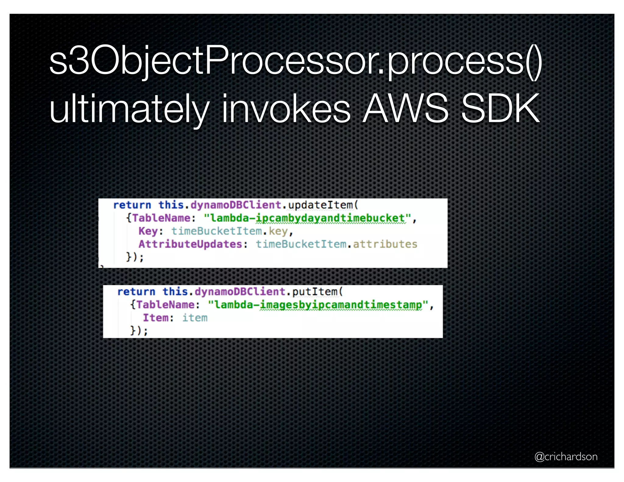s3ObjectProcessor.process() 
ultimately invokes AWS SDK 
@crichardson 
 