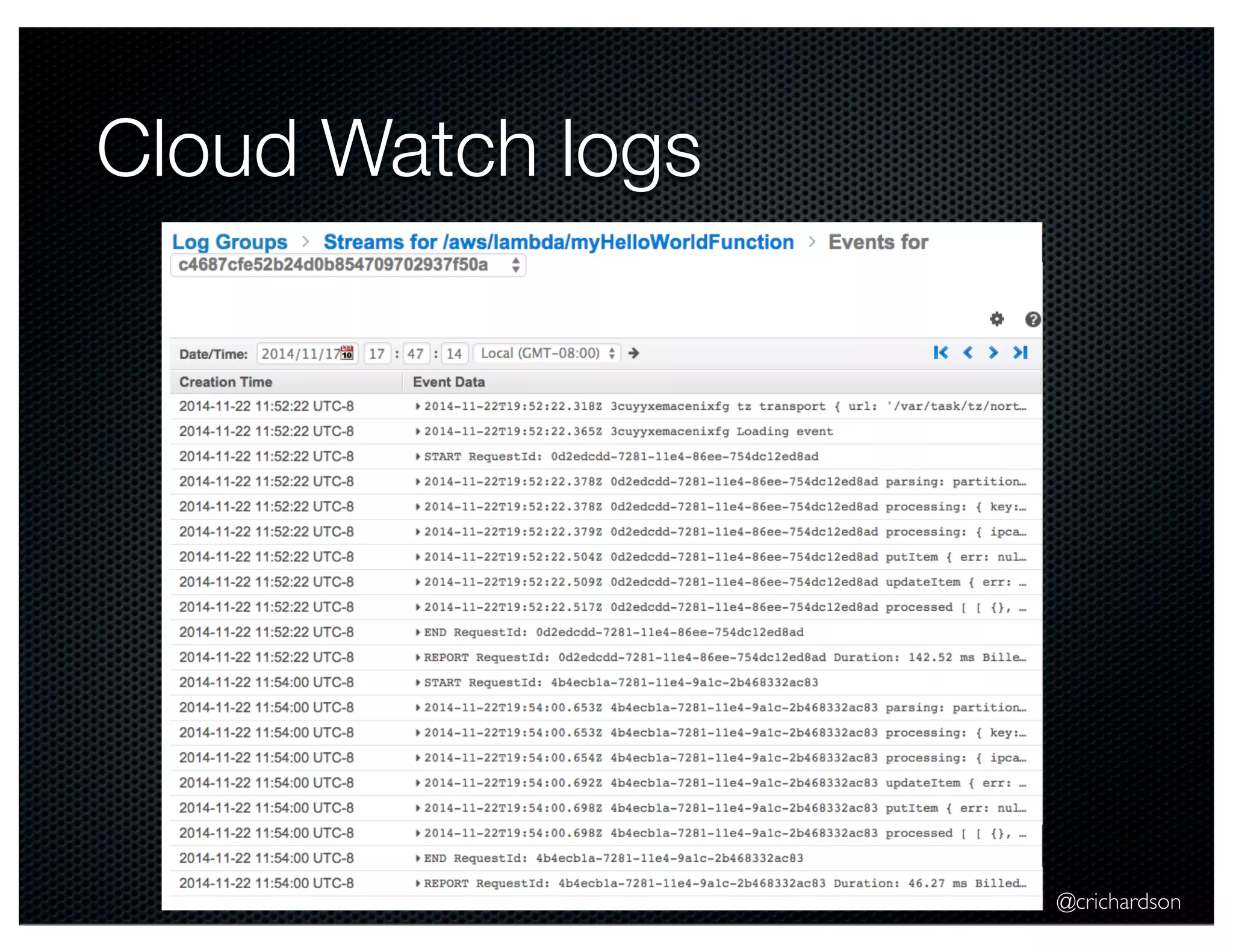 @crichardson 
Cloud Watch logs 
 