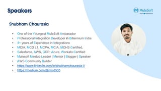 Speakers
• One of the Youngest MuleSoft Ambassdor
• Professional Integration Developer in Billennium India
• 4+ years of Experience in Integrations
• MCIA, MCD L1, MCPA, MCIA, MCHS Certified,
• Salesforce, AWS, GCP, Azure, Workato Certified
• Mulesoft Meetup Leader | Mentor | Blogger | Speaker
• AWS Community Builder
• https://www.linkedin.com/in/shubhamchaurasia1/
• https://medium.com/@myid535
Shubham Chaurasia
 