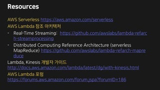 Resources
AWS Serverless https://aws.amazon.com/serverless
AWS Lambda 참조 아키텍처
- Real-Time Streaming: https://github.com/awslabs/lambda-refarc
h-streamprocessing
- Distributed Computing Reference Architecture (serverless
MapReduce) https://github.com/awslabs/lambda-refarch-mapre
duce
Lambda, Kinesis 개발자 가이드
http://docs.aws.amazon.com/lambda/latest/dg/with-kinesis.html
AWS Lambda 포럼
https://forums.aws.amazon.com/forum.jspa?forumID=186
 