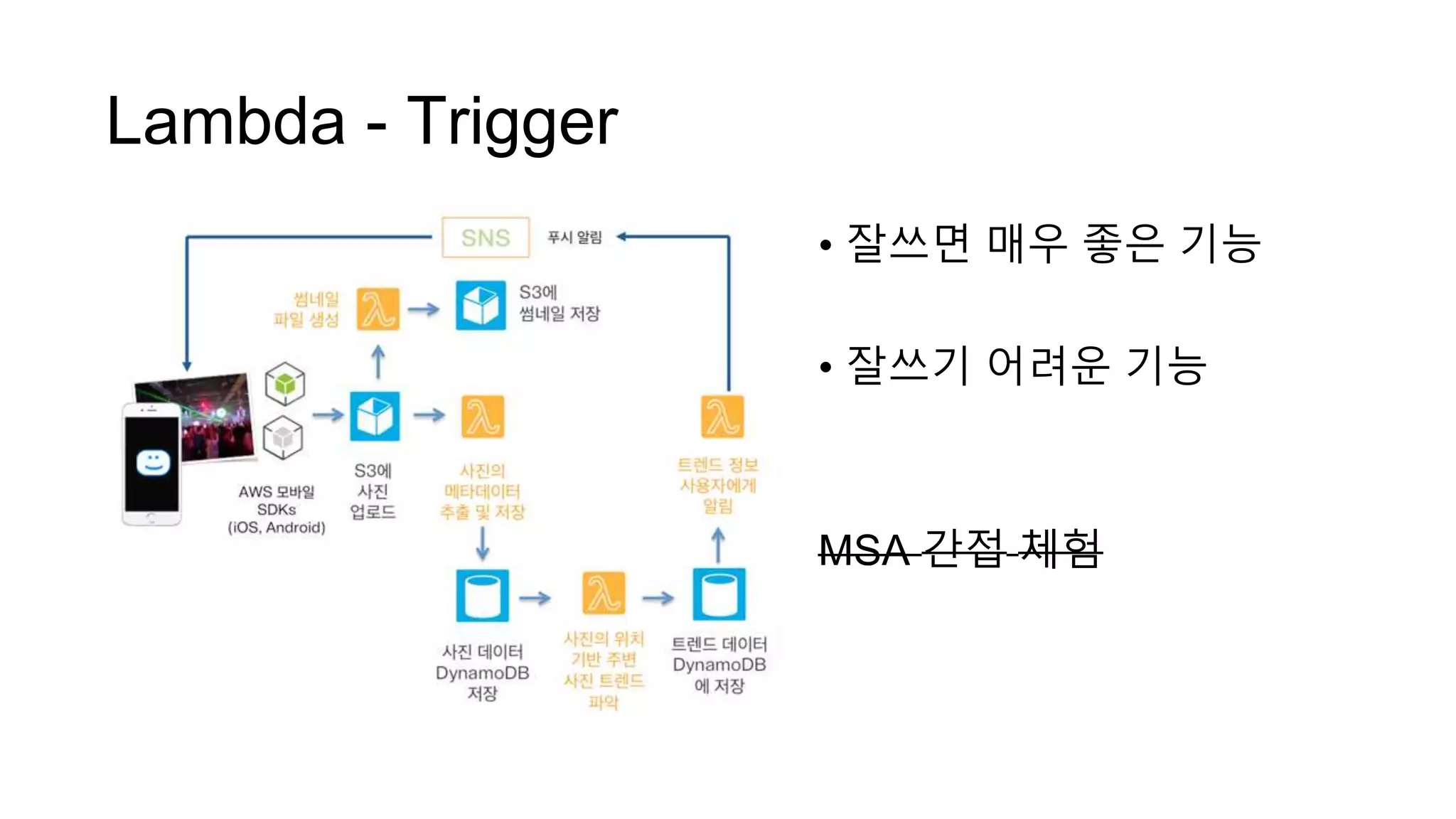 Lambda - Trigger
• 잘쓰면 매우 좋은 기능
• 잘쓰기 어려운 기능
MSA 간접 체험
 