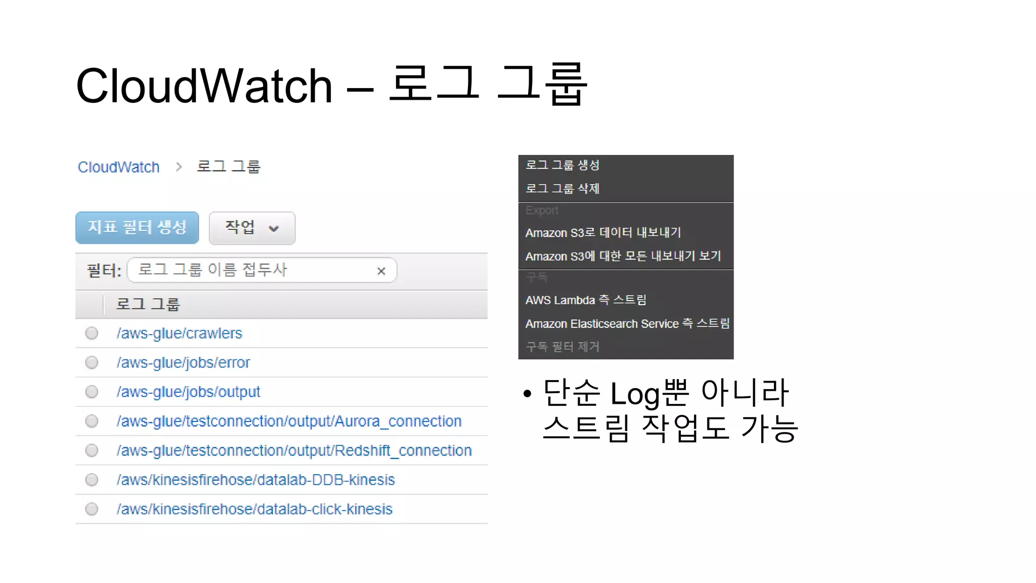 CloudWatch – 로그 그룹
• 단순 Log뿐 아니라
스트림 작업도 가능
 