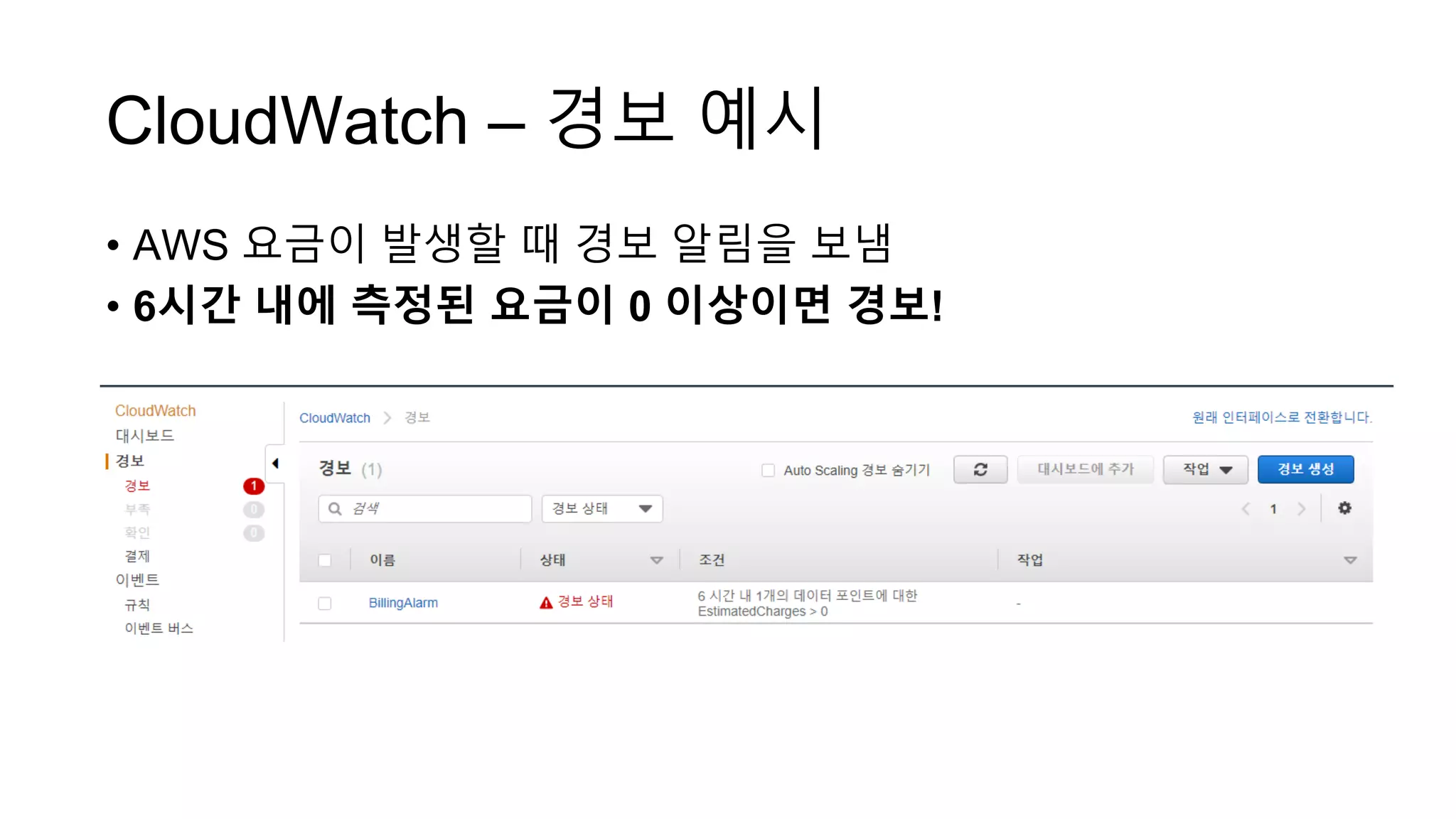CloudWatch – 경보 예시
• AWS 요금이 발생할 때 경보 알림을 보냄
• 6시간 내에 측정된 요금이 0 이상이면 경보!
 