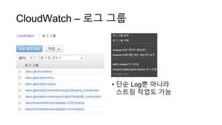 CloudWatch – 로그 그룹
• 단순 Log뿐 아니라
스트림 작업도 가능
 