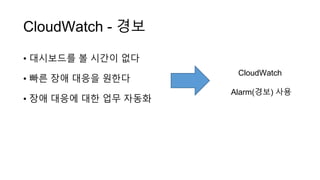 CloudWatch - 경보
• 대시보드를 볼 시간이 없다
• 빠른 장애 대응을 원한다
• 장애 대응에 대한 업무 자동화
CloudWatch
Alarm(경보) 사용
 