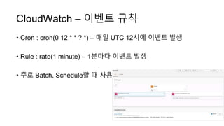 CloudWatch – 이벤트 규칙
• Cron : cron(0 12 * * ? *) – 매일 UTC 12시에 이벤트 발생
• Rule : rate(1 minute) – 1분마다 이벤트 발생
• 주로 Batch, Schedule할 때 사용
 