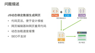问题描述
JS动态绑定数据生成网页
• 代码灵活，便于设计模板
• 网页编辑器和网页重用代码
• 动态加载速度缓慢
• SEO不友好
网页模板设计 用户网页数据
用户网页数据绑定
 