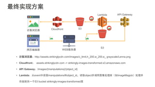 最终实现方案
• 访客浏览器：http://assets.strikinglycdn.com/images/c_limit,h_200,w_200,e_ grayscale/Lenna.png
• Cloudfront： assets.strikinglycdn.com -> strikingly-images-transformed.s3.amazonaws.com
• API Gateway：/images/{manipulations}/{object_id}
• Lambda：从event中获取manipulations和object_id，读取object并调用图像处理库（如ImageMagick）处理并
存放到另一个S3 bucket strikingly-images-transformed里
网页编辑器 WEB服务器
访客浏览器
S3
Lambda
Cloudfront S3
API Gateway
 