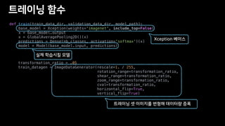 def train(train_data_dir, validation_data_dir, model_path):
base_model = Xception(weights='imagenet', include_top=False)
x = base_model.output
x = GlobalAveragePooling2D()(x)
predictions = Dense(nb_classes, activation='softmax')(x)
model = Model(base_model.input, predictions)
transformation_ratio = .05
train_datagen = ImageDataGenerator(rescale=1. / 255,
rotation_range=transformation_ratio,
shear_range=transformation_ratio,
zoom_range=transformation_ratio,
cval=transformation_ratio,
horizontal_flip=True,
vertical_flip=True)
 