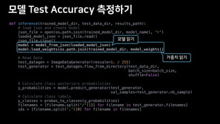 def inference(trained_model_dir, test_data_dir, results_path):
# load json and create model
json_file = open(os.path.join(trained_model_dir, model_name), 'r')
loaded_model_json = json_file.read()
json_file.close()
model = model_from_json(loaded_model_json)
model.load_weights(os.path.join(trained_model_dir, model_weights))
# Read Data
test_datagen = ImageDataGenerator(rescale=1. / 255)
test_generator = test_datagen.flow_from_directory(test_data_dir,
batch_size=batch_size,
shuffle=False)
# Calculate class posteriors probabilities
y_probabilities = model.predict_generator(test_generator,
val_samples=test_generator.nb_sample)
# Calculate class labels
y_classes = probas_to_classes(y_probabilities)
filenames = [filename.split('/')[1] for filename in test_generator.filenames]
ids = [filename.split('.')[0] for filename in filenames]
 