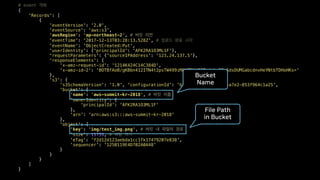 # event
{
'Records': [
{
'eventVersion': '2.0',
'eventSource': 'aws:s3',
'awsRegion': 'ap-northeast-2', #
'eventTime': '2017-12-13T03:28:13.528Z', #
'eventName': 'ObjectCreated:Put',
'userIdentity': {'principalId': 'AFK2RA1O3ML1F'},
'requestParameters': {'sourceIPAddress': '123.24.137.5'},
'responseElements': {
'x-amz-request-id': '1214K424C14C384D',
'x-amz-id-2': 'BOTBfAoB/gKBbn412ITN4t2psTW499iMRKZDK/CQTsjrkeSSzSdsDUMGabcdnvHeYNtbTDHoHKs='
},
's3': {
's3SchemaVersion': '1.0', 'configurationId': 'b249eeda-3d48-4319-a7e2-853f964c1a25',
'bucket': {
'name': 'aws-summit-kr-2018', #
'ownerIdentity': {
'principalId': 'AFK2RA1O3ML1F'
},
'arn': 'arn:aws:s3:::aws-summit-kr-2018'
},
'object': {
'key': 'img/test_img.png', #
'size': 11733, #
'eTag': 'f2d12d123aebda1cc1fk17479207e838',
'sequencer': '125B119E4D7B2A0A48'
}
}
}
]
}
 