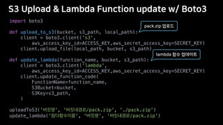 import boto3
def upload_to_s3(bucket, s3_path, local_path):
client = boto3.client('s3',
aws_access_key_id=ACCESS_KEY,aws_secret_access_key=SECRET_KEY)
client.upload_file(local_path, bucket, s3_path)
def update_lambda(function_name, bucket, s3_path):
client = boto3.client('lambda',
aws_access_key_id=ACCESS_KEY,aws_secret_access_key=SECRET_KEY)
client.update_function_code(
FunctionName=function_name,
S3Bucket=bucket,
S3Key=s3_path,
)
uploadToS3(' ', ' /pack.zip', './pack.zip')
update_lambda(' ', ' ', ' /pack.zip')
 