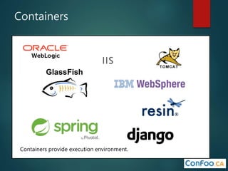 Containers
Containers provide execution environment.
 