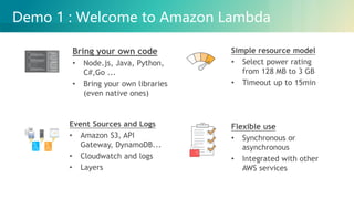 © 2018, Amazon Web Services, Inc. or its Affiliates. All rights reserved.
Demo 1 : Welcome to Amazon Lambda
Bring your own code
• Node.js, Java, Python,
C#,Go ...
• Bring your own libraries
(even native ones)
Simple resource model
• Select power rating
from 128 MB to 3 GB
• Timeout up to 15min
Flexible use
• Synchronous or
asynchronous
• Integrated with other
AWS services
Event Sources and Logs
• Amazon S3, API
Gateway, DynamoDB...
• Cloudwatch and logs
• Layers
 
