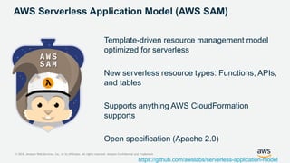© 2018, Amazon Web Services, Inc. or its Affiliates. All rights reserved. Amazon Confidential and Trademark
AWS Serverless Application Model (AWS SAM)
Template-driven resource management model
optimized for serverless
New serverless resource types: Functions, APIs,
and tables
Supports anything AWS CloudFormation
supports
Open specification (Apache 2.0)
https://github.com/awslabs/serverless-application-model
 