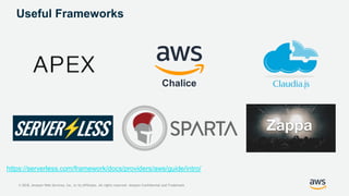 © 2018, Amazon Web Services, Inc. or its Affiliates. All rights reserved. Amazon Confidential and Trademark
Useful Frameworks
Chalice
https://serverless.com/framework/docs/providers/aws/guide/intro/
 