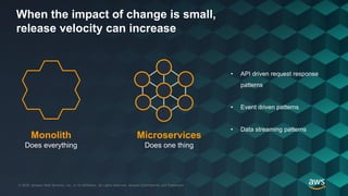© 2018, Amazon Web Services, Inc. or its Affiliates. All rights reserved. Amazon Confidential and Trademark© 2018, Amazon Web Services, Inc. or its Affiliates. All rights reserved. Amazon Confidential and Trademark
When the impact of change is small,
release velocity can increase
Monolith
Does everything
Microservices
Does one thing
• API driven request response
patterns
• Event driven patterns
• Data streaming patterns
 